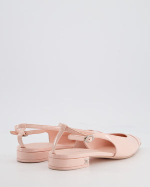 Chanel Baby Pink Patent Calfskin Leather Cap Toe Slingback Flats with Silver CC Logo Detail Size EU 37