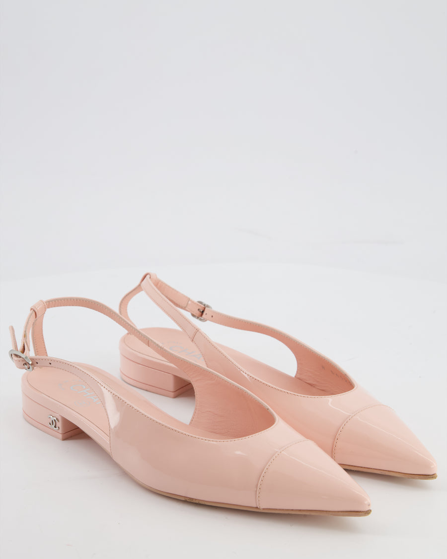 Chanel Baby Pink Patent Calfskin Leather Cap Toe Slingback Flats with Silver CC Logo Detail Size EU 37
