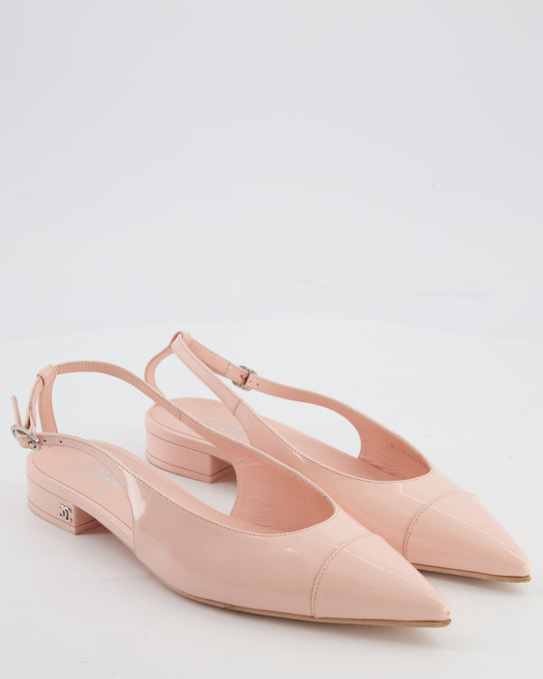 Chanel Baby Pink Patent Calfskin Leather Cap Toe Slingback Flats with Silver CC Logo Detail Size EU 37
