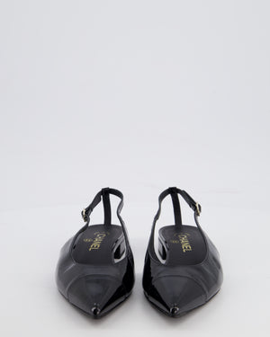 Chanel Black Patent Leather Flat Slingback with Silver CC Logo Detail Size EU 37