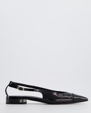 Chanel Black Patent Leather Flat Slingback with Silver CC Logo Detail Size EU 37