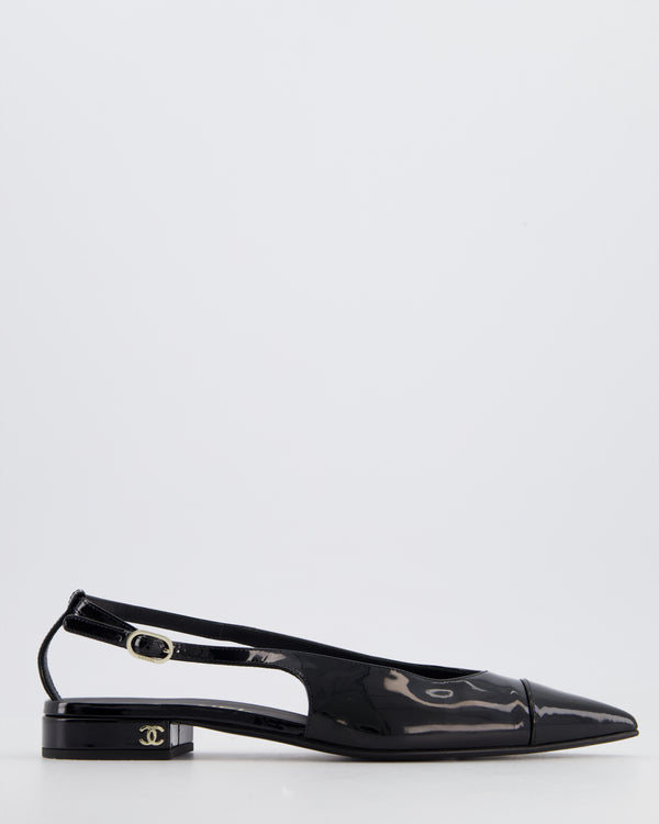 Chanel Black Patent Leather Flat Slingback with Silver CC Logo Detail Size EU 37