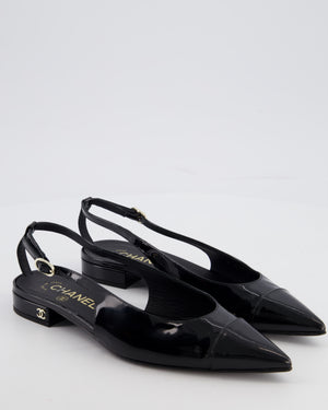 Chanel Black Patent Leather Flat Slingback with Silver CC Logo Detail Size EU 37