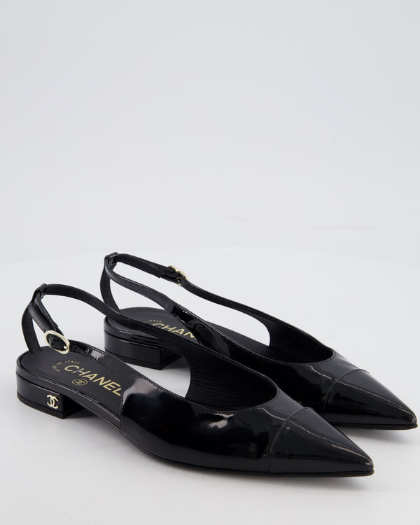 Chanel Black Patent Leather Flat Slingback with Silver CC Logo Detail Size EU 37