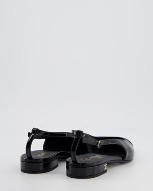Chanel Black Patent Leather Flat Slingback with Silver CC Logo Detail Size EU 37