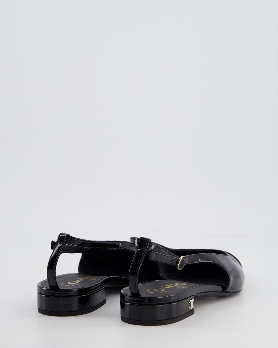 Chanel Black Patent Leather Flat Slingback with Silver CC Logo Detail Size EU 37