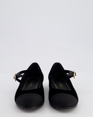 Chanel Black Velvet and Grosgrain Mary Jane Flats with Crystal Flower Buckle Size EU 37C