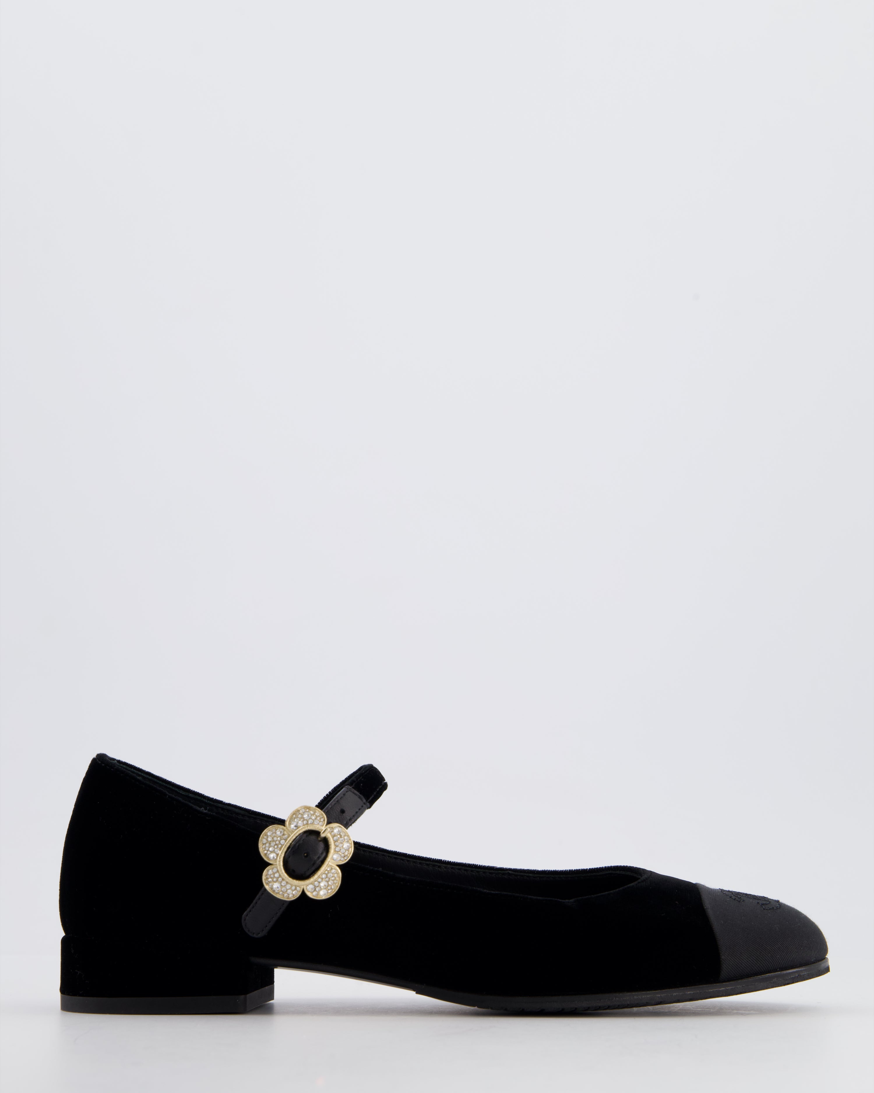 Chanel Black Velvet and Grosgrain Mary Jane Flats with Crystal