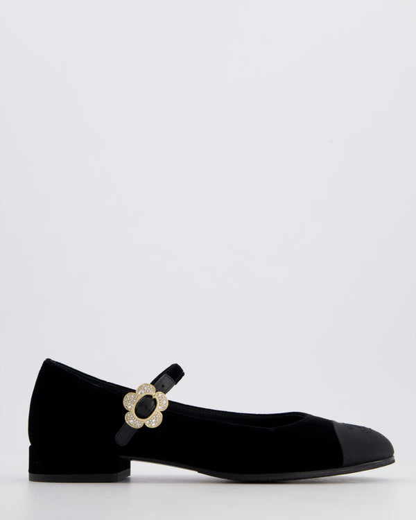 Chanel Black Velvet and Grosgrain Mary Jane Flats with Crystal Flower Buckle Size EU 37C