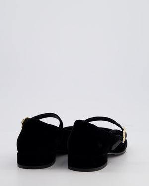 Chanel Black Velvet and Grosgrain Mary Jane Flats with Crystal Flower Buckle Size EU 37C