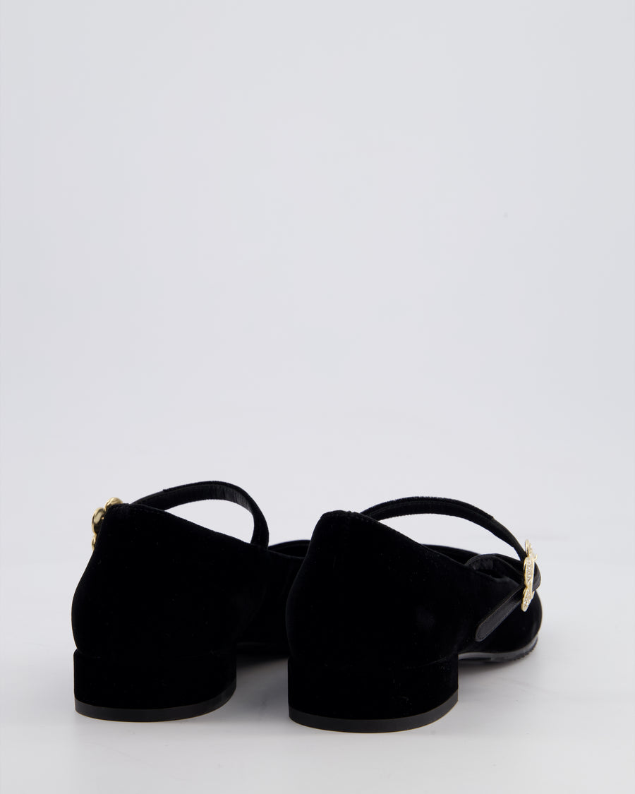 Chanel Black Velvet and Grosgrain Mary Jane Flats with Crystal Flower Buckle Size EU 37C