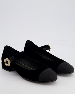 Chanel Black Velvet and Grosgrain Mary Jane Flats with Crystal Flower Buckle Size EU 37C