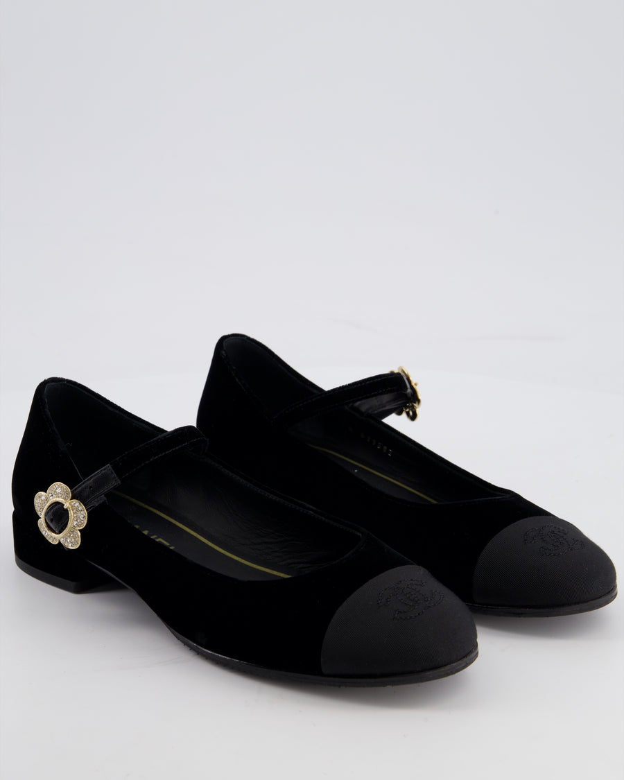Chanel Black Velvet and Grosgrain Mary Jane Flats with Crystal Flower Buckle Size EU 37C