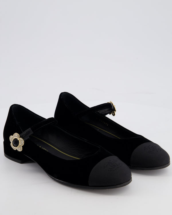Chanel Black Velvet and Grosgrain Mary Jane Flats with Crystal Flower Buckle Size EU 37C
