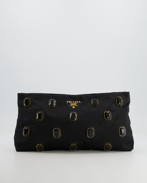 Prada Black Nylon Clutch Bag with Rhinestones Appliqué and Gold Logo
