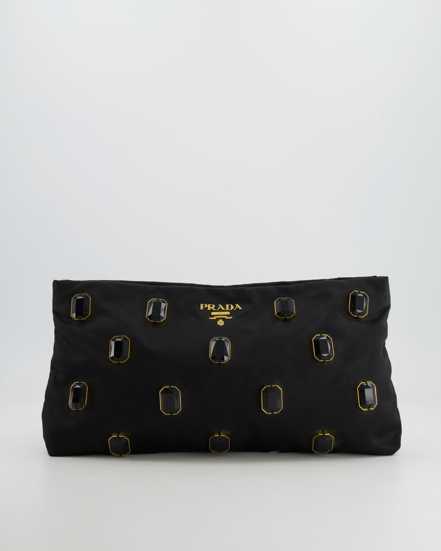 Prada Black Nylon Clutch Bag with Rhinestones Appliqué and Gold Logo