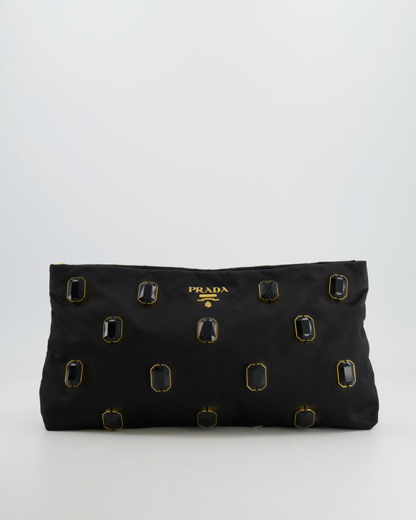 Prada Black Nylon Clutch Bag with Rhinestones Appliqué and Gold Logo