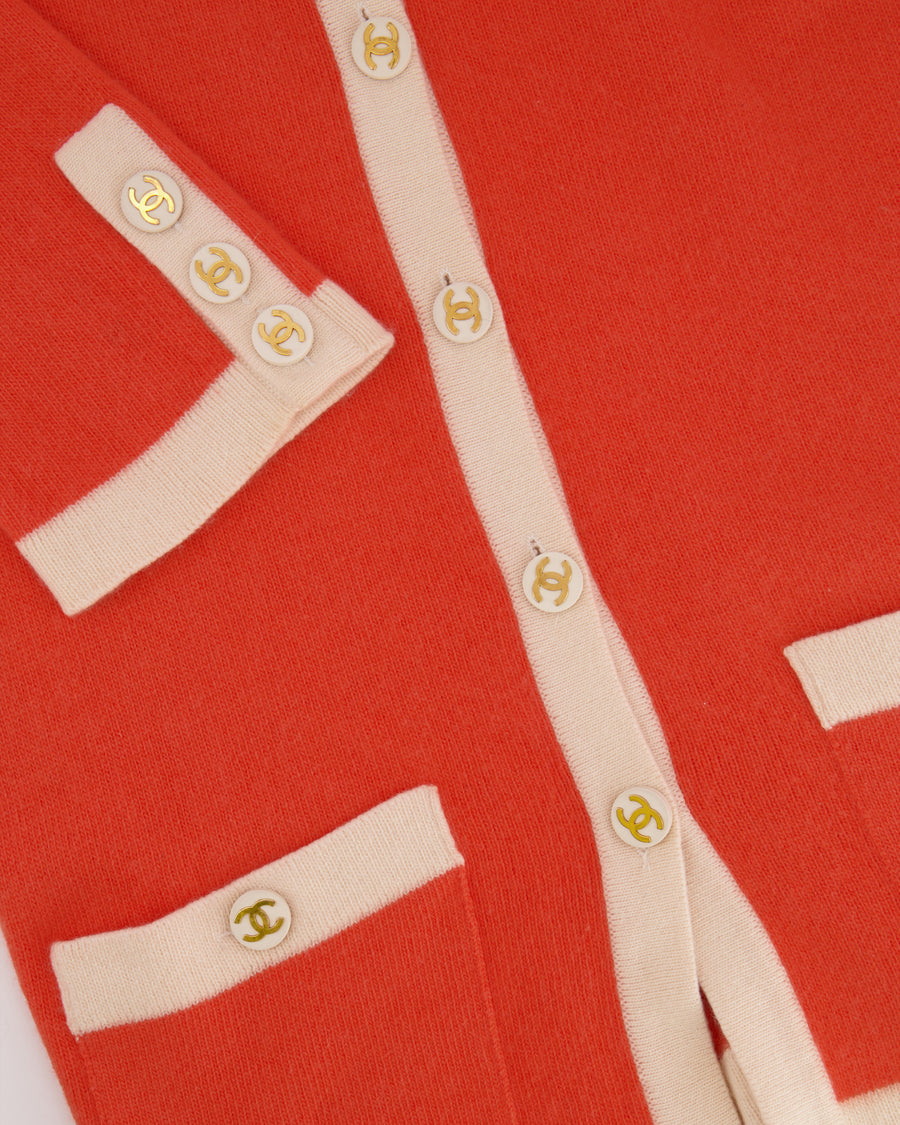 Chanel Vintage Coral and Cream Cashmere Cardigan with CC Logo Buttons Size FR 38/40 (UK 10/12)