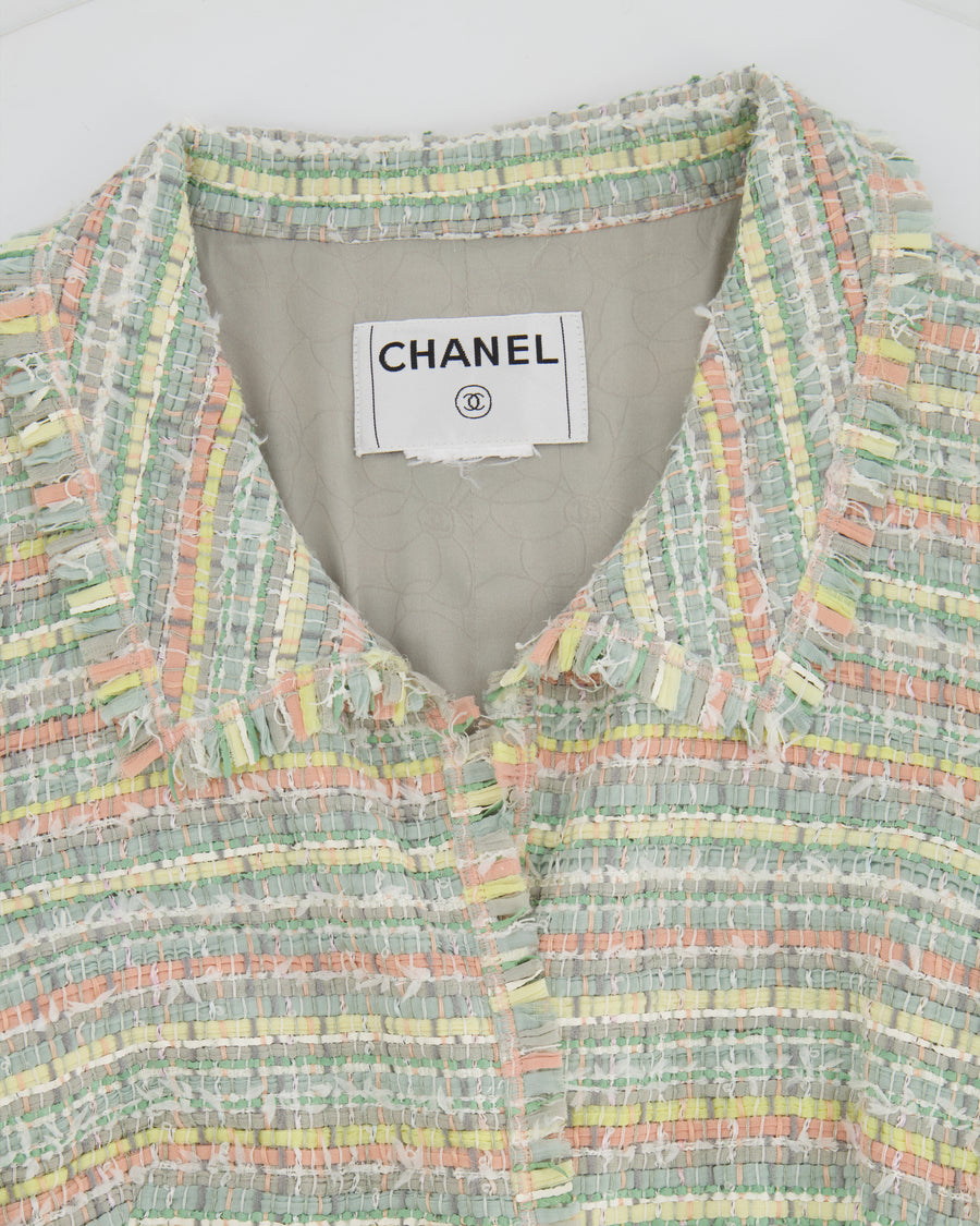 Chanel Vintage Pastel Blue and Multicolour Tweed Jacket with Gold Transparent CC Logo Buttons Size FR 40 (UK 12)