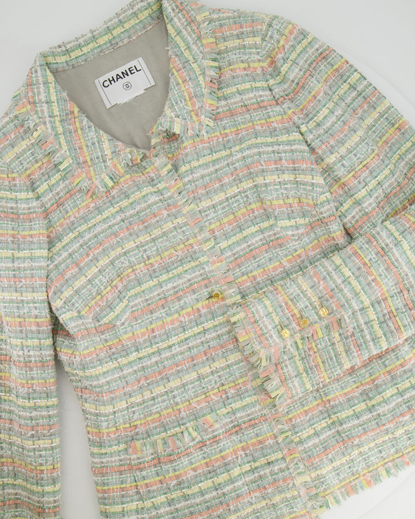 Chanel Vintage Pastel Blue and Multicolour Tweed Jacket with Gold Transparent CC Logo Buttons Size FR 38 (UK 10)