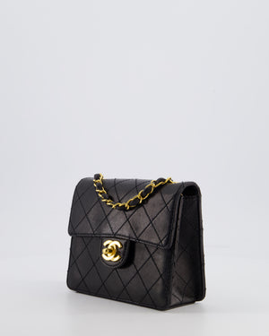 Chanel Black Vintage Mini Square Classic Flap Bag in Lambskin Leather with 24K Gold Hardware