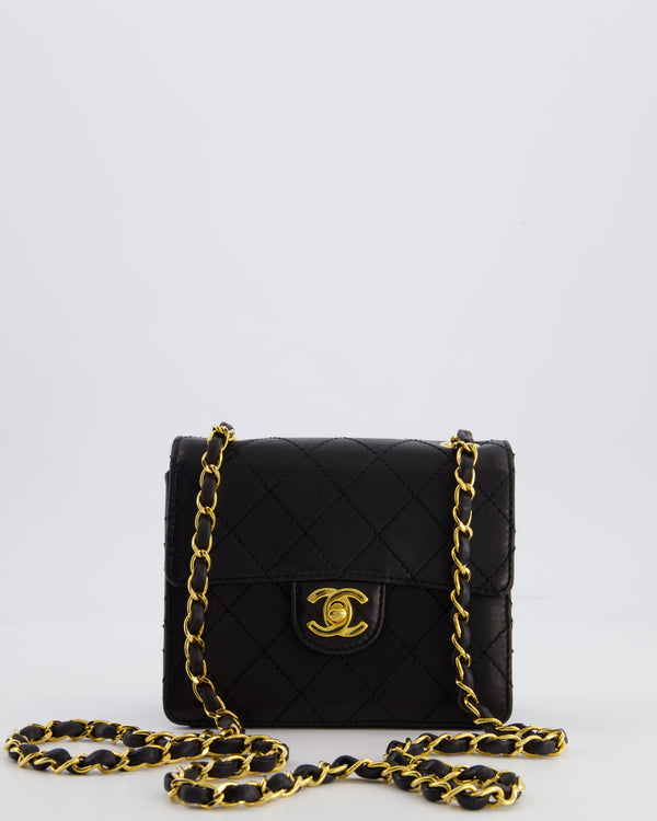 Chanel Black Vintage Mini Square Classic Flap Bag in Lambskin Leather with 24K Gold Hardware