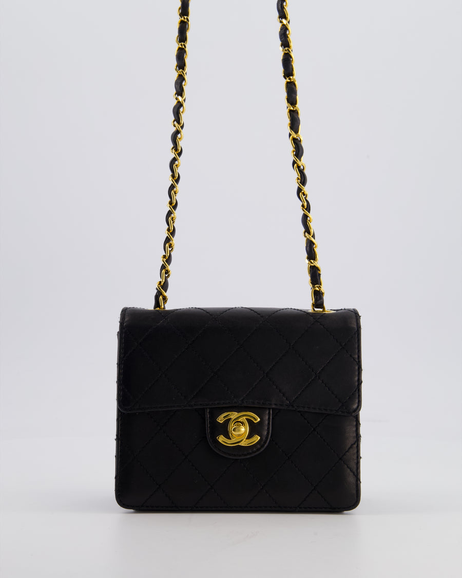 Chanel Black Vintage Mini Square Classic Flap Bag in Lambskin Leather with 24K Gold Hardware