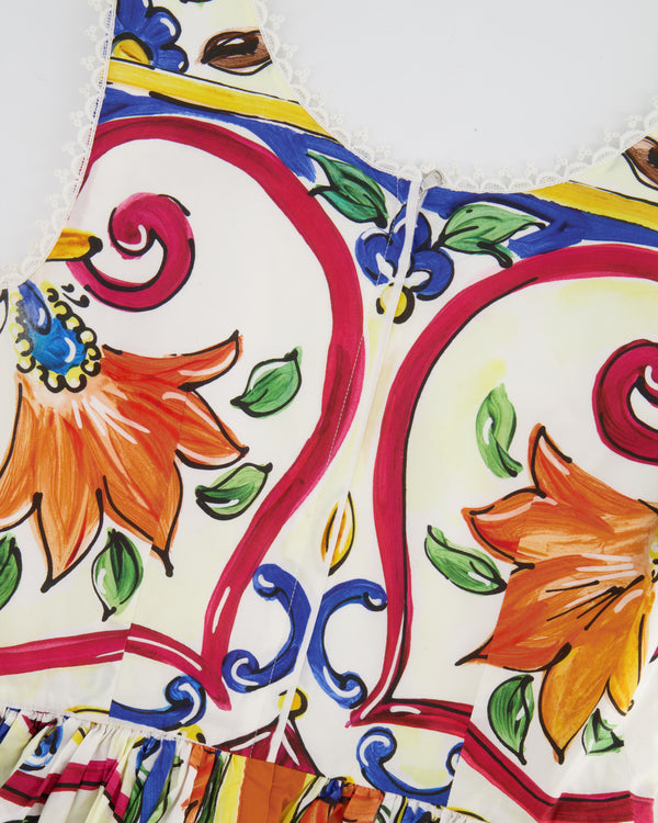Dolce & Gabbana Multicolour Majolica Printed Sleeveless Mini Dress with Lace Trim Details Size IT 38 (UK 6)