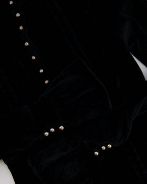 Paco Rabanne Black Velvet Long-Sleeve Top with Tie Detail and Silver Buttons Size FR 36 (UK 8)