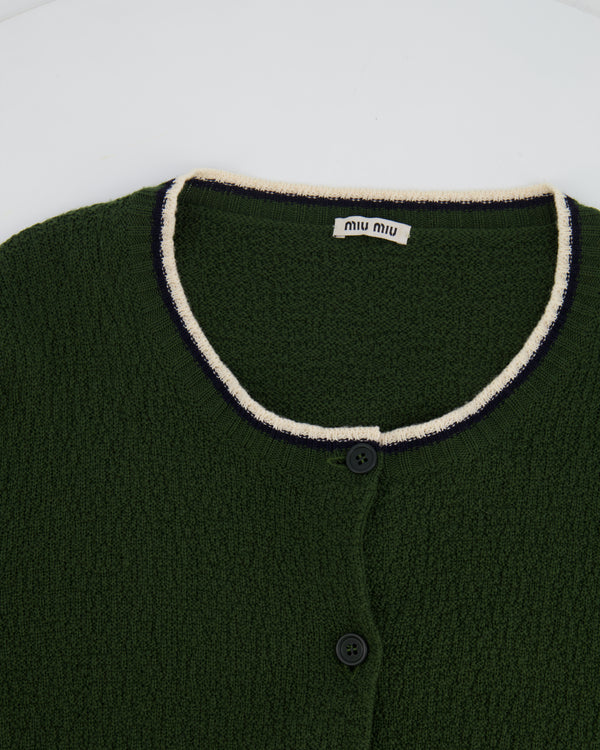 Miu Miu Green Knit Cardigan with Cream and Navy Trim Details Size IT 40 (UK 8)