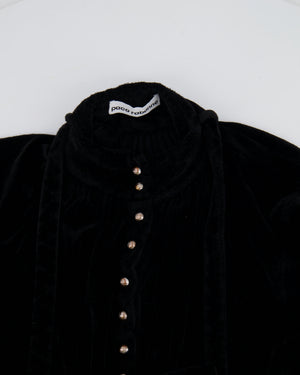 Paco Rabanne Black Velvet Long-Sleeve Top with Tie Detail and Silver Buttons Size FR 36 (UK 8)
