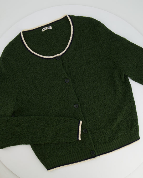 Miu Miu Green Knit Cardigan with Cream and Navy Trim Details Size IT 40 (UK 8)
