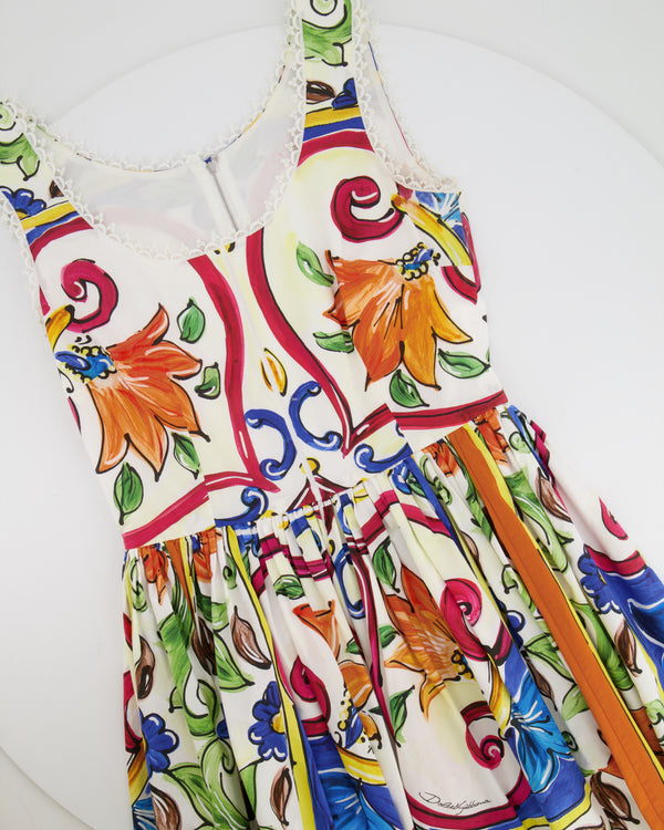 Dolce & Gabbana Multicolour Majolica Printed Sleeveless Mini Dress with Lace Trim Details Size IT 38 (UK 6)
