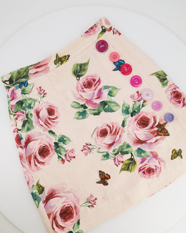 Dolce & Gabbana Pink Floral Mini Skirt with Large Button Details and Back Logo Size IT 40 (UK 8) RRP £800