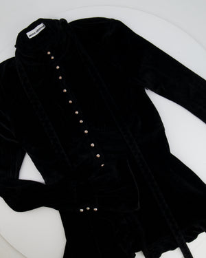 Paco Rabanne Black Velvet Long-Sleeve Top with Tie Detail and Silver Buttons Size FR 36 (UK 8)
