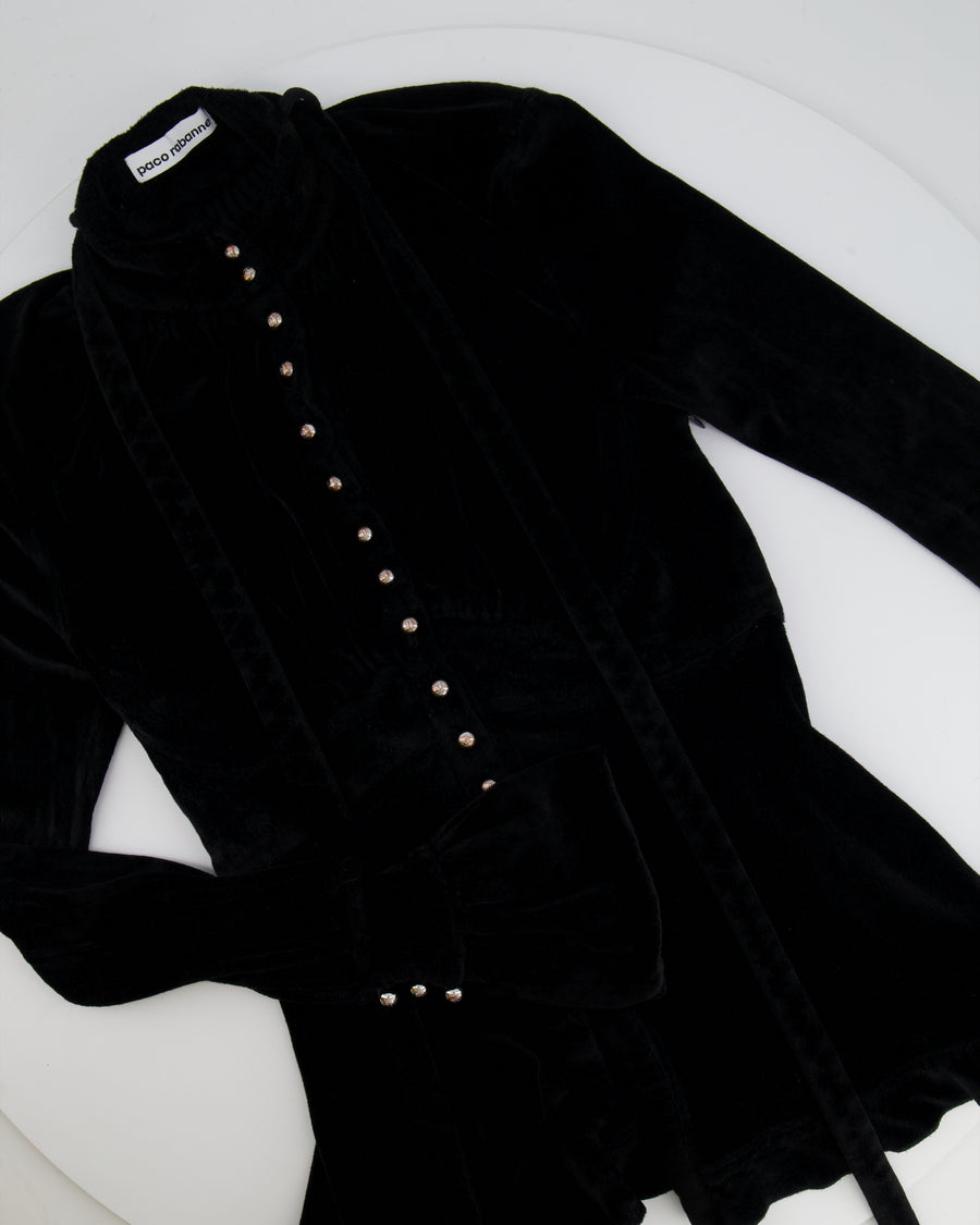 Paco Rabanne Black Velvet Long-Sleeve Top with Tie Detail and Silver Buttons Size FR 36 (UK 8)