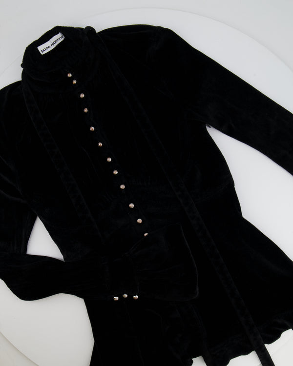 Paco Rabanne Black Velvet Long-Sleeve Top with Tie Detail and Silver Buttons Size FR 36 (UK 8)