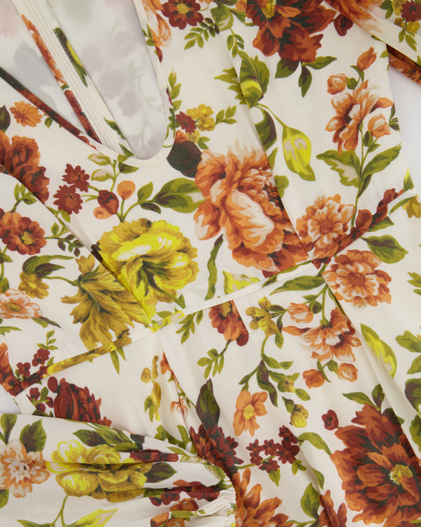 Zimmermann White, Orange, Green Floral Printed Silk Midi Dress Size 1 (UK 10)