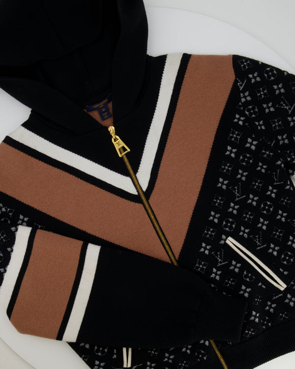Louis Vuitton Black, Beige and White Cashmere Zipped Hoodie Monogram Jacket with Gold Details Size XS (UK 6)