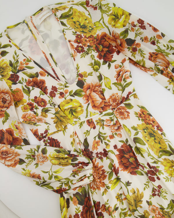 Zimmermann White, Orange, Green Floral Printed Silk Midi Dress Size 1 (UK 10)