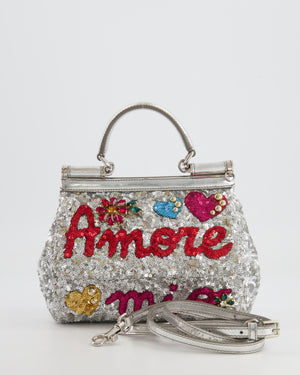 Dolce & Gabbana Silver Sequin Amore Mio Embellished Top Handle Mini Sicily Bag with Crystal Appliqué