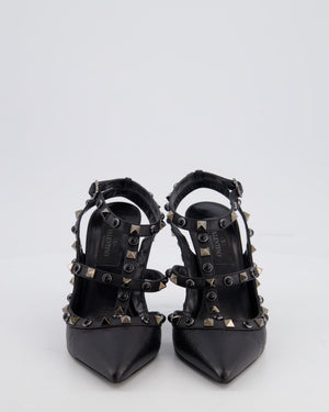 Valentino Black Leather Rockstud Ankle Strap Pump Heels with Black Studs Details EU 35