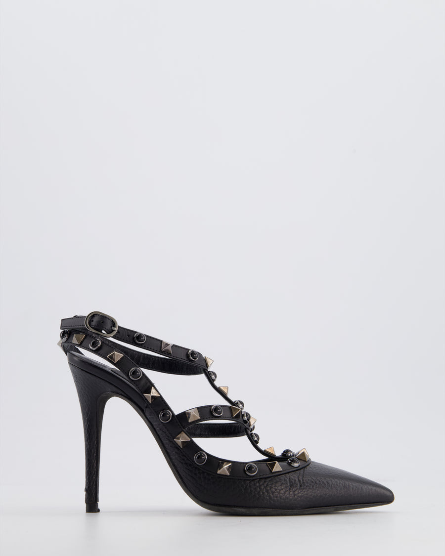 Valentino Black Leather Rockstud Ankle Strap Pump Heels with Black Studs Details EU 35