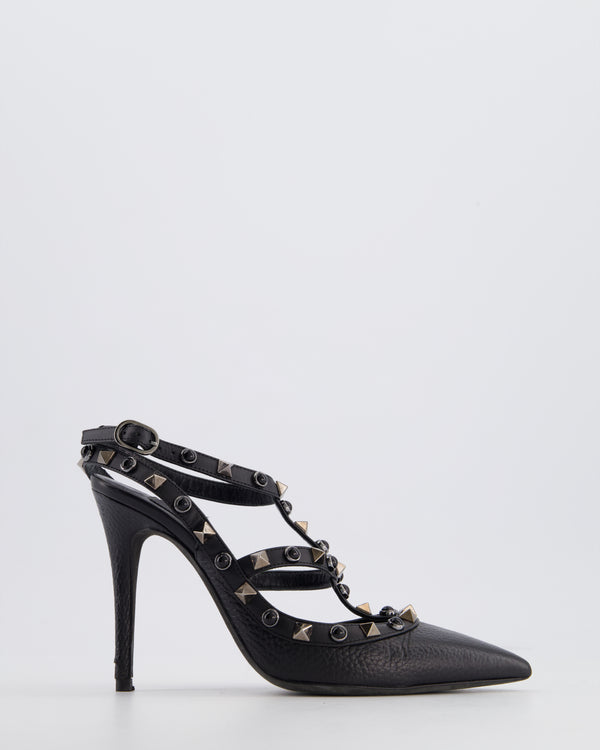 Valentino Black Leather Rockstud Ankle Strap Pump Heels with Black Studs Details EU 35