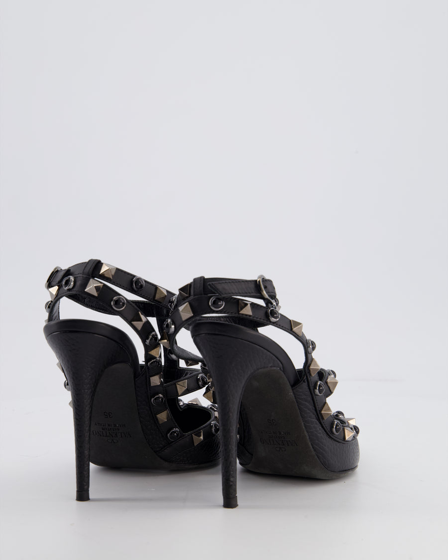 Valentino Black Leather Rockstud Ankle Strap Pump Heels with Black Studs Details EU 35