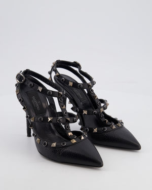 Valentino Black Leather Rockstud Ankle Strap Pump Heels with Black Studs Details EU 35