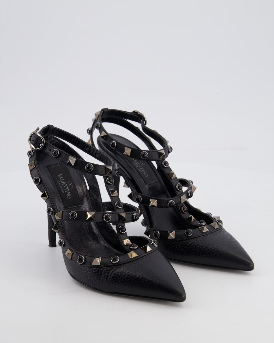 Valentino Black Leather Rockstud Ankle Strap Pump Heels with Black Studs Details EU 35
