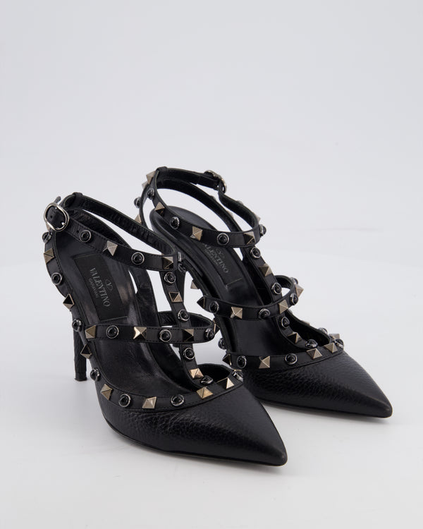 Valentino Black Leather Rockstud Ankle Strap Pump Heels with Black Studs Details EU 35