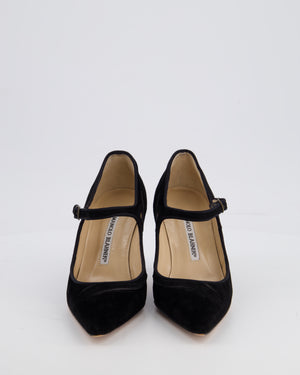 Manolo Blahnik Black Suede Pointed Mary Jane Pumps with Embroidery Detail Size EU 35