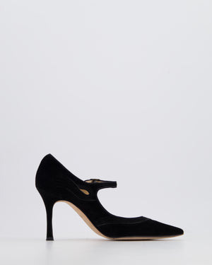 Manolo Blahnik Black Suede Pointed Mary Jane Pumps with Embroidery Detail Size EU 35